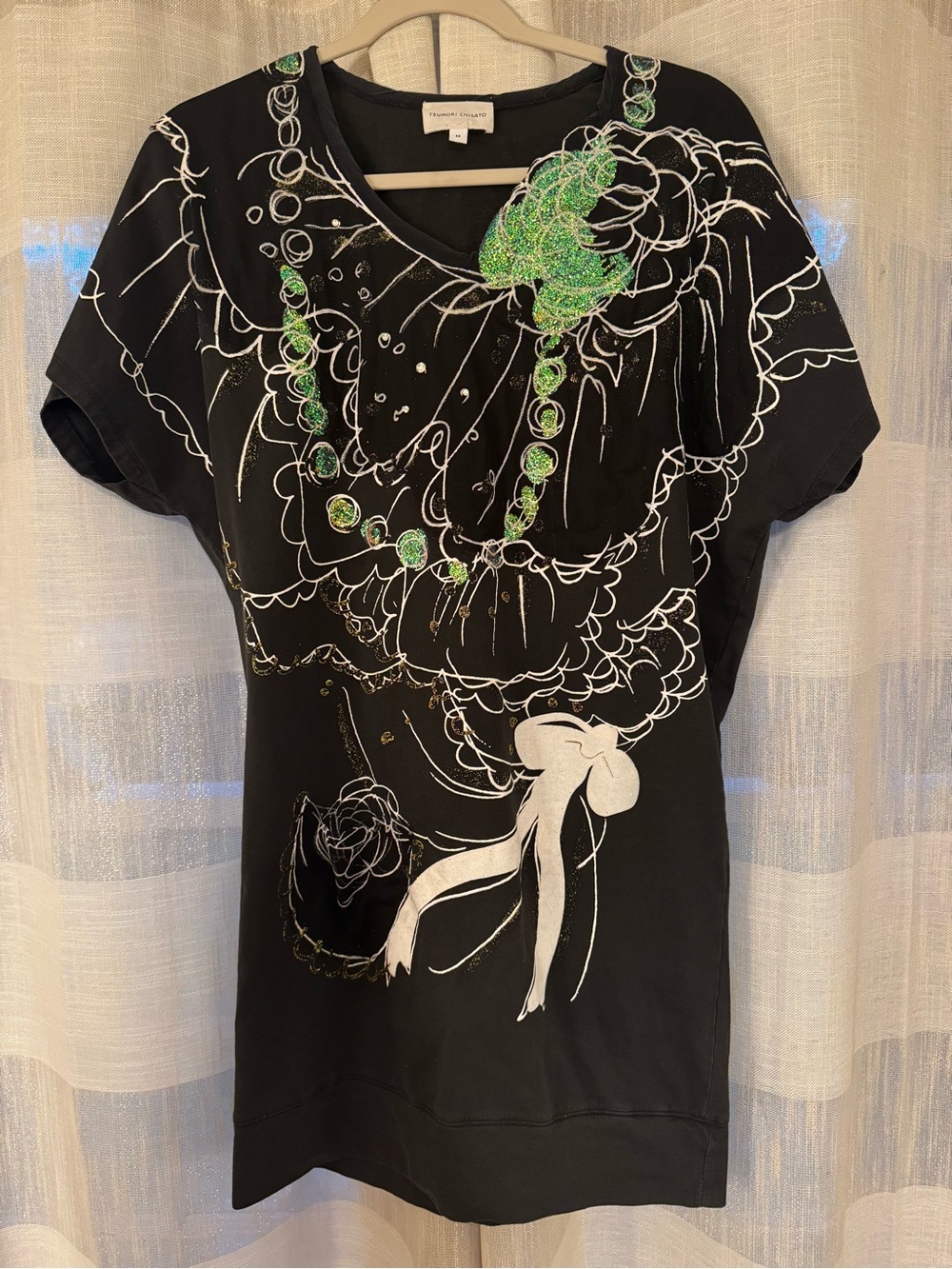 Tsumori Chisato Black Short-Sleeve Dress/Extended Tee with Glitter Accent